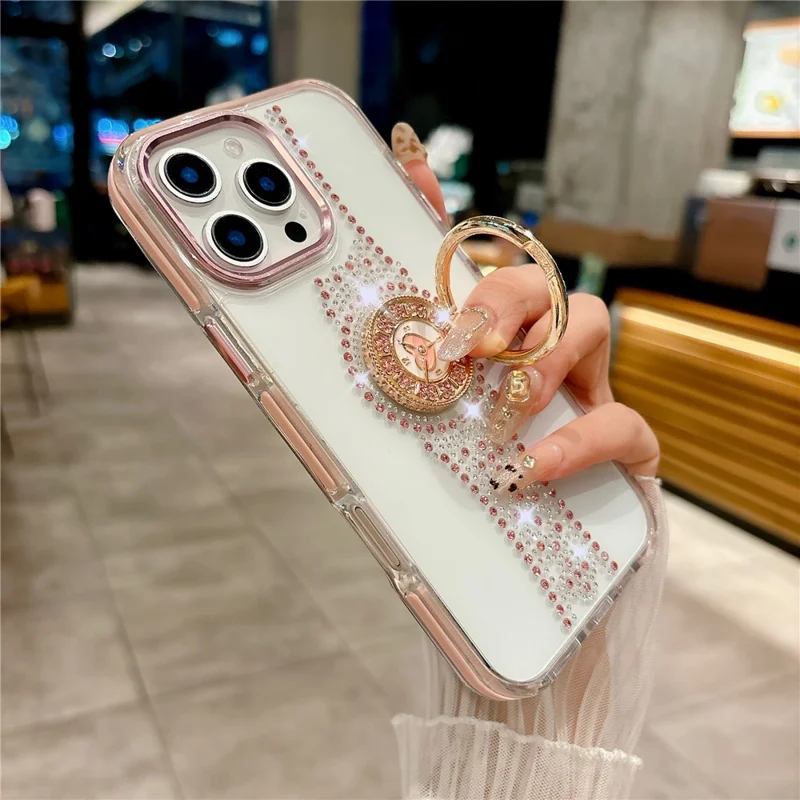 For iPhone 16 Pro Case with Kickstand Watch Shape Rhinestone Decor TPU + PC Phone Back Cover - White