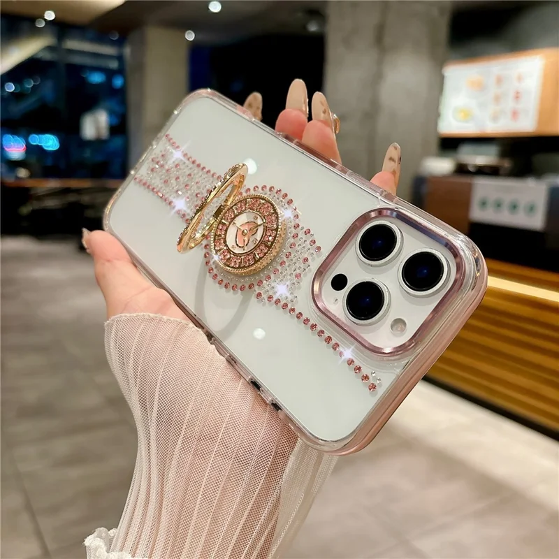 For iPhone 16 Pro Case with Kickstand Watch Shape Rhinestone Decor TPU + PC Phone Back Cover - White