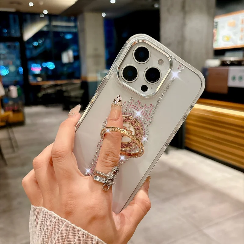 For iPhone 16 Pro Case with Kickstand Watch Shape Rhinestone Decor TPU + PC Phone Back Cover - White