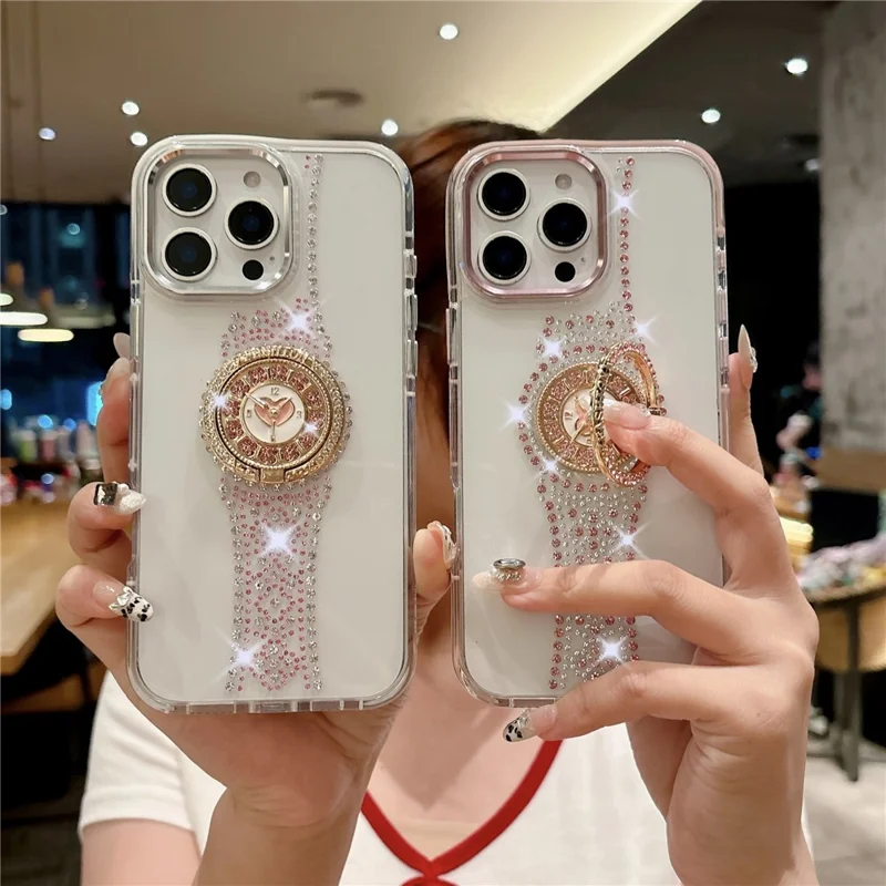 For iPhone 16 Pro Case with Kickstand Watch Shape Rhinestone Decor TPU + PC Phone Back Cover - White