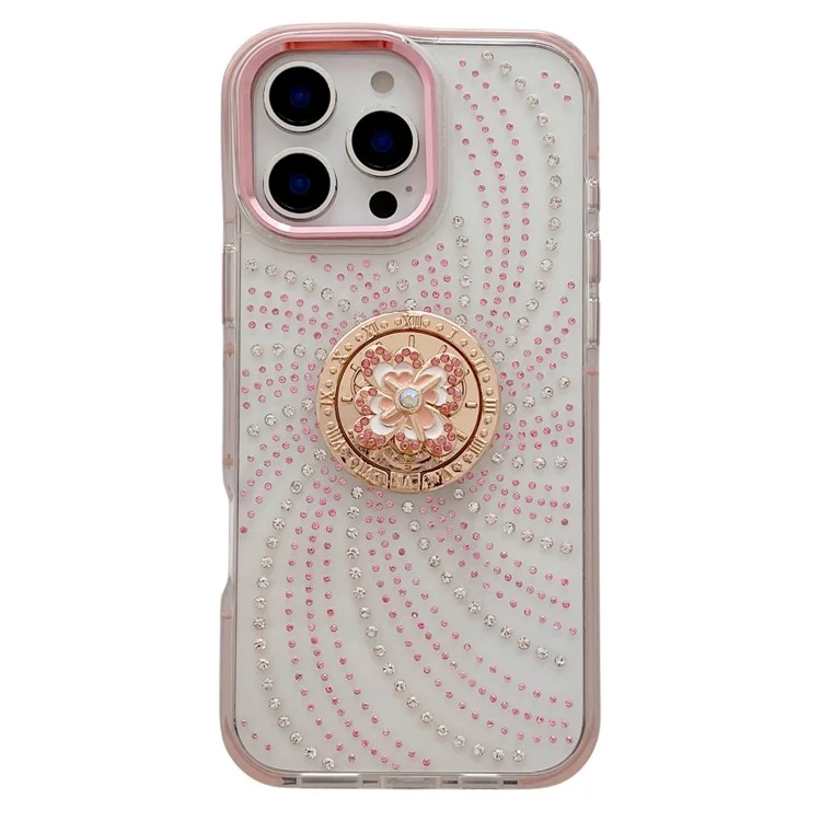 For iPhone 16 Pro Case with Kickstand Rhinestone Decor TPU + PC Phone Back Cover - Pink