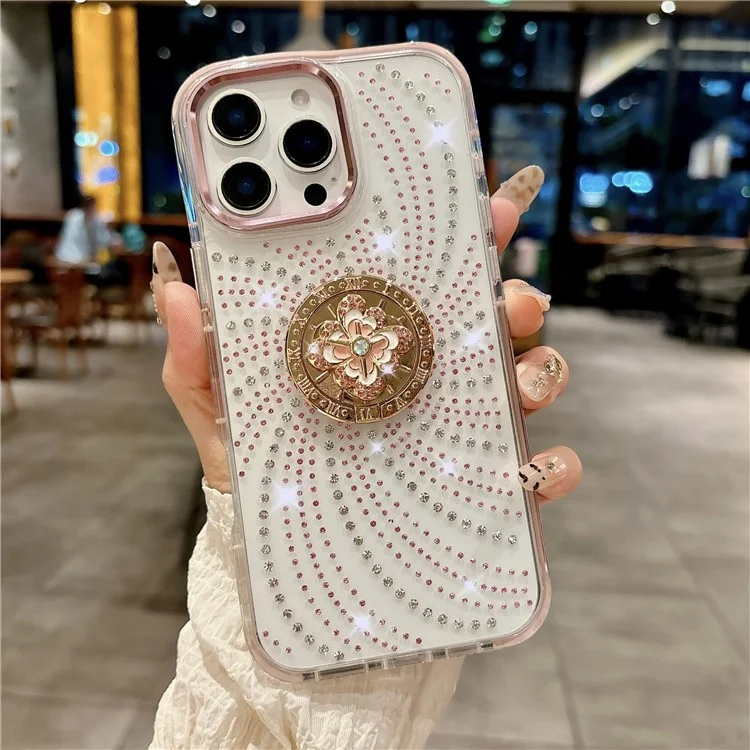 For iPhone 16 Pro Case with Kickstand Rhinestone Decor TPU + PC Phone Back Cover - Pink