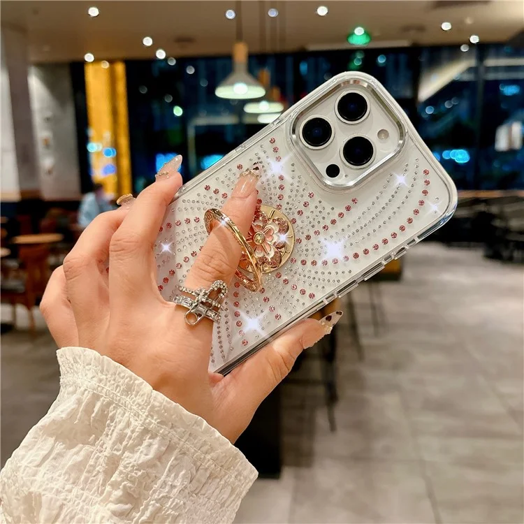 For iPhone 16 Pro Case with Kickstand Rhinestone Decor TPU + PC Phone Back Cover - Pink