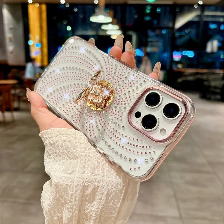 For iPhone 16 Pro Case with Kickstand Rhinestone Decor TPU + PC Phone Back Cover - Pink