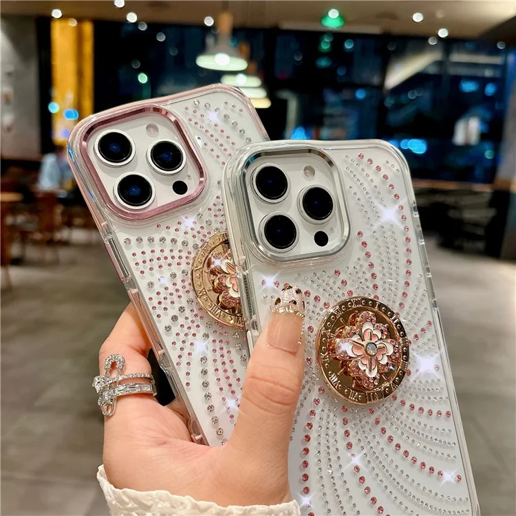 For iPhone 16 Pro Case with Kickstand Rhinestone Decor TPU + PC Phone Back Cover - Pink