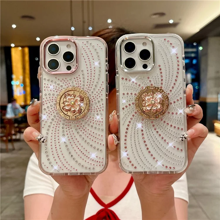 For iPhone 16 Pro Case with Kickstand Rhinestone Decor TPU + PC Phone Back Cover - Pink