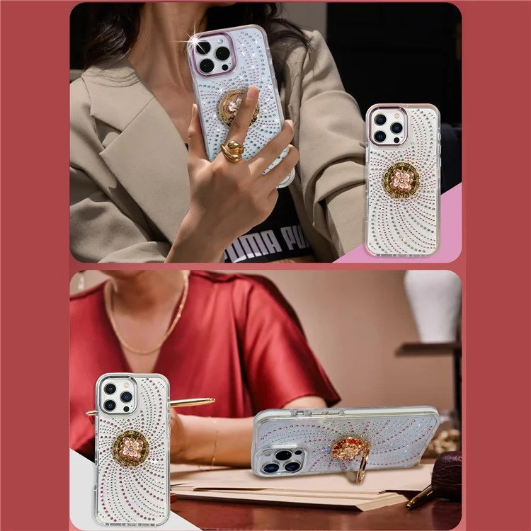 For iPhone 16 Pro Case with Kickstand Rhinestone Decor TPU + PC Phone Back Cover - Pink