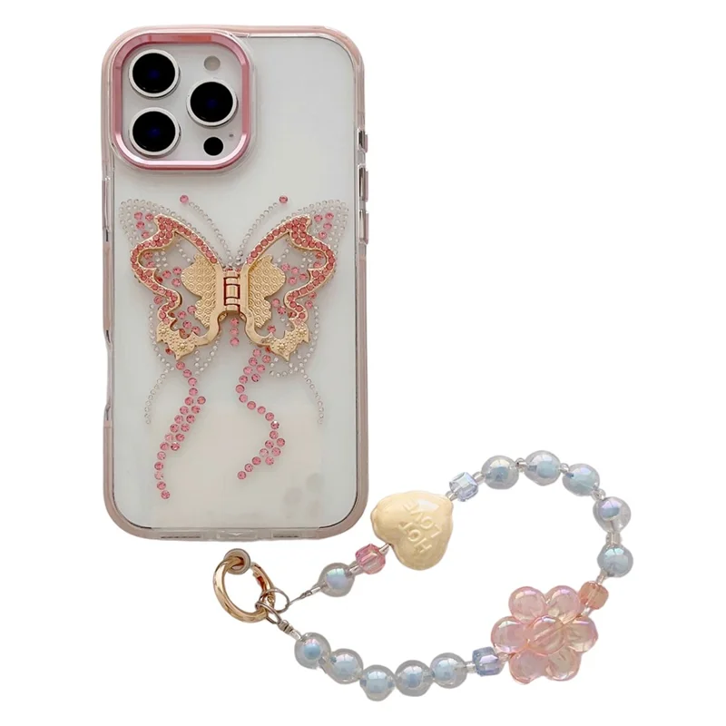 For iPhone 16 Pro Case with Strap Butterfly Kickstand TPU + PC Shockproof Phone Cover - Pink