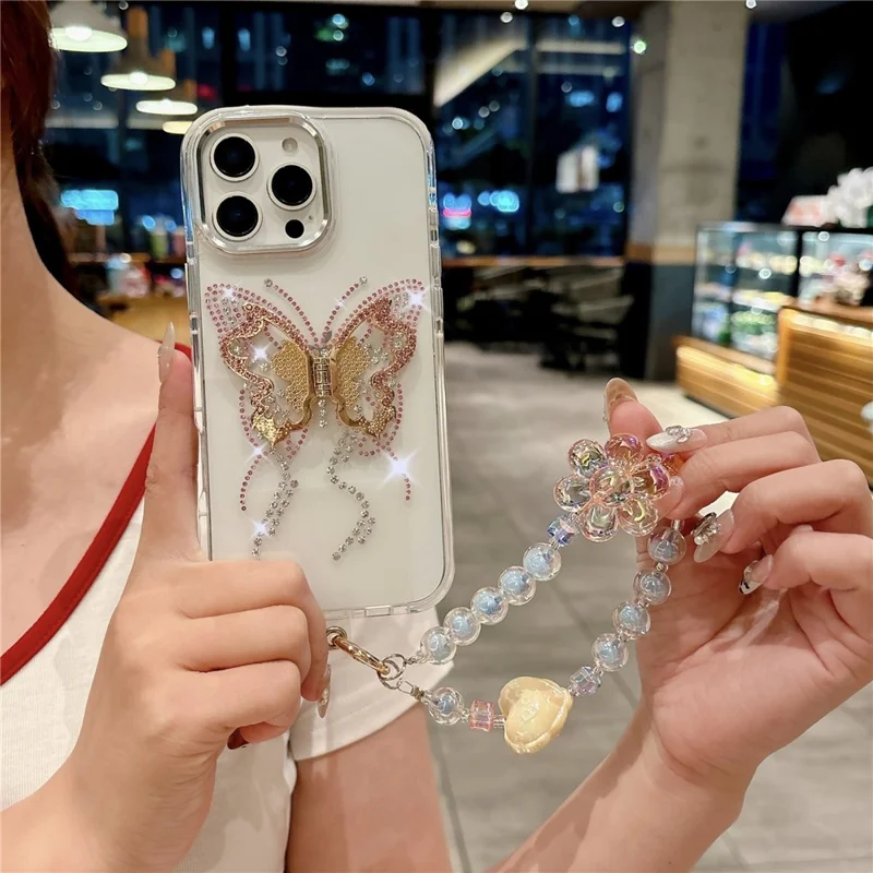 For iPhone 16 Pro Case with Strap Butterfly Kickstand TPU + PC Shockproof Phone Cover - Pink