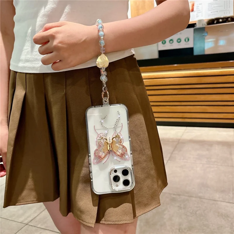 For iPhone 16 Pro Case with Strap Butterfly Kickstand TPU + PC Shockproof Phone Cover - Pink