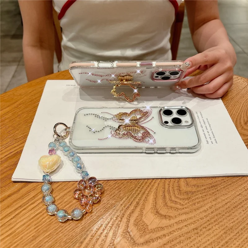 For iPhone 16 Pro Case with Strap Butterfly Kickstand TPU + PC Shockproof Phone Cover - Pink