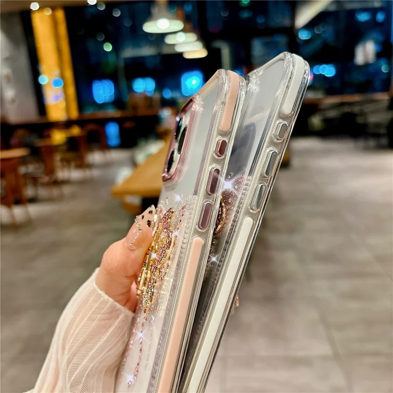 For iPhone 16 Pro Case with Strap Butterfly Kickstand TPU + PC Shockproof Phone Cover - Pink