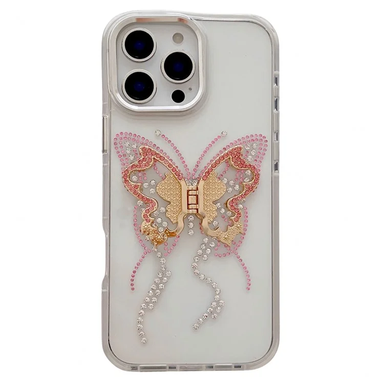 For iPhone 16 Pro Case with Butterfly Kickstand TPU + PC Shockproof Phone Cover - White