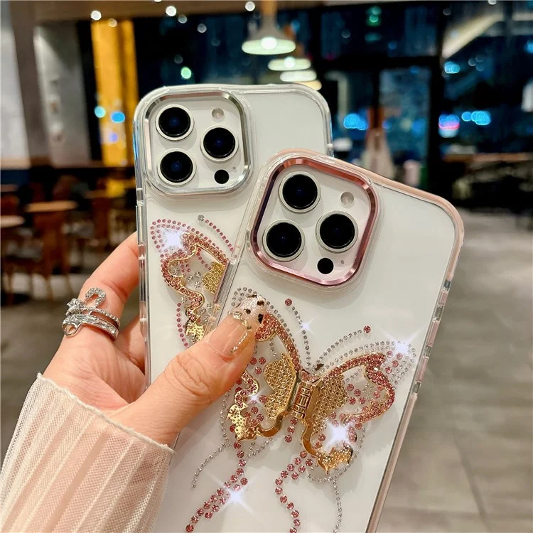 For iPhone 16 Pro Case with Butterfly Kickstand TPU + PC Shockproof Phone Cover - White