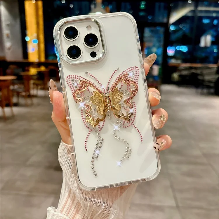 For iPhone 16 Pro Case with Butterfly Kickstand TPU + PC Shockproof Phone Cover - White