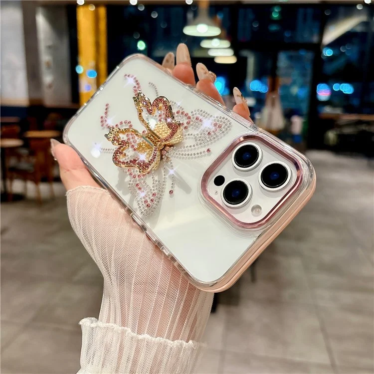 For iPhone 16 Pro Case with Butterfly Kickstand TPU + PC Shockproof Phone Cover - White