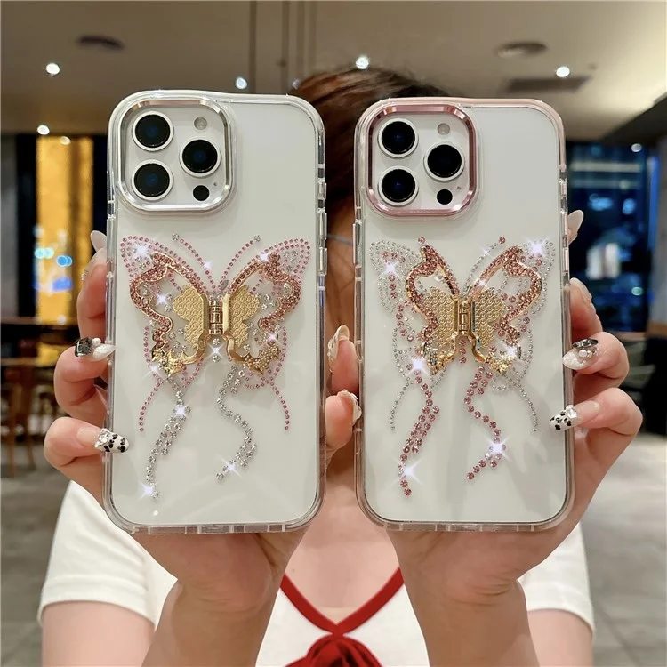 For iPhone 16 Pro Case with Butterfly Kickstand TPU + PC Shockproof Phone Cover - White