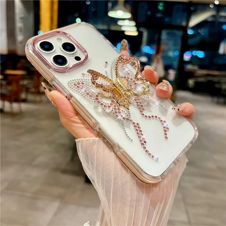 For iPhone 16 Pro Case with Butterfly Kickstand TPU + PC Shockproof Phone Cover - White