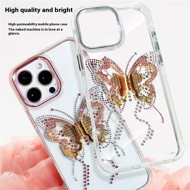 For iPhone 16 Pro Case with Butterfly Kickstand TPU + PC Shockproof Phone Cover - White