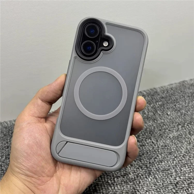 Cover posteriore per iPhone 16 Plus con custodia magnetica e supporto, antiurto in PC + TPU - Grigio
