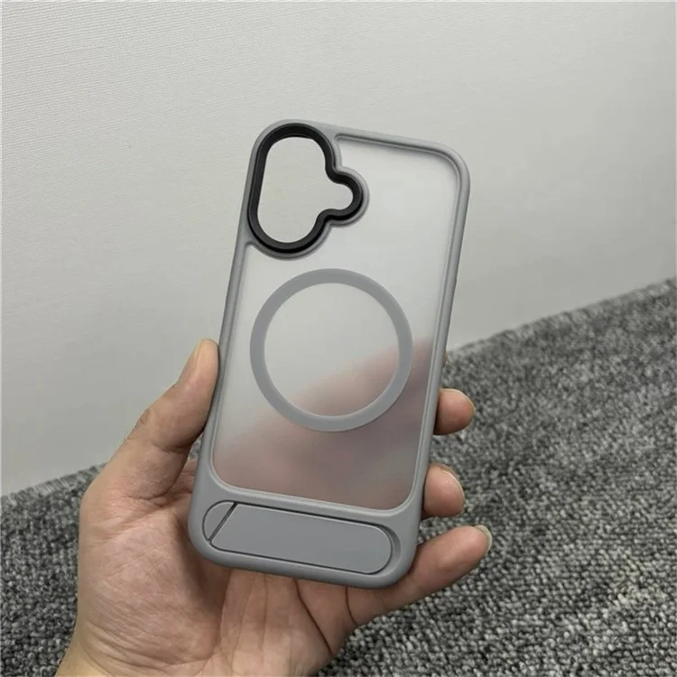 Cover posteriore per iPhone 16 Plus con custodia magnetica e supporto, antiurto in PC + TPU - Grigio