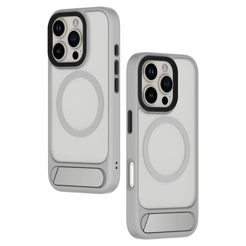 For iPhone 16 Pro Magnetic Case with Kickstand Drop Proof PC + TPU Phone Back Cover - Grey