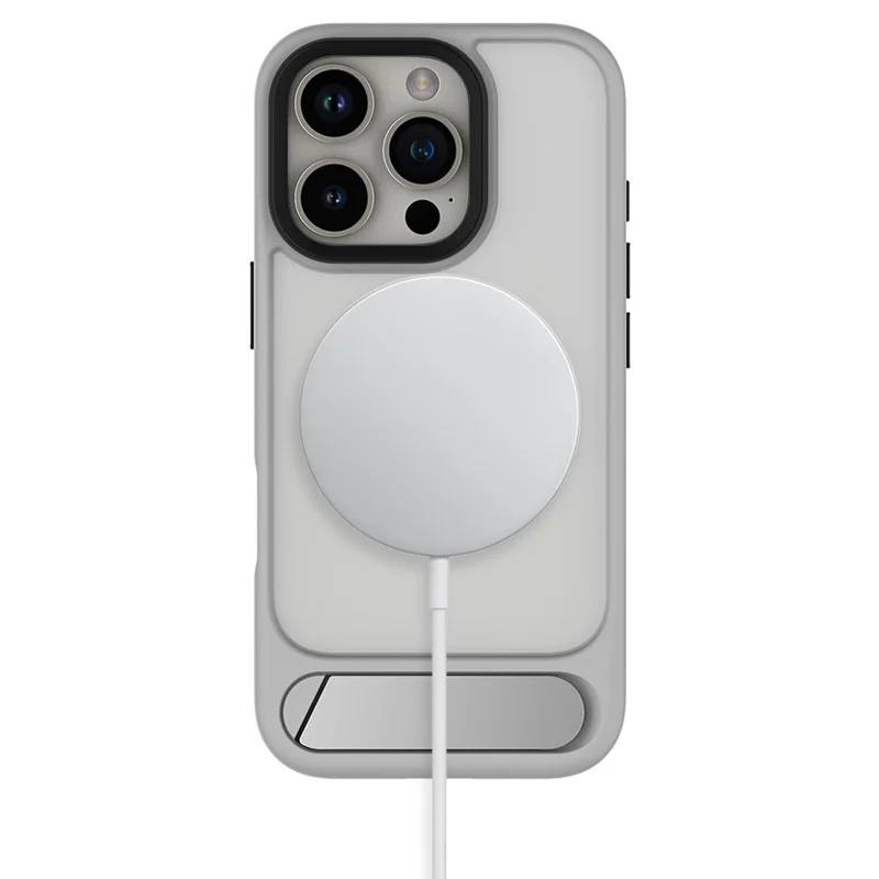 For iPhone 16 Pro Magnetic Case with Kickstand Drop Proof PC + TPU Phone Back Cover - Grey