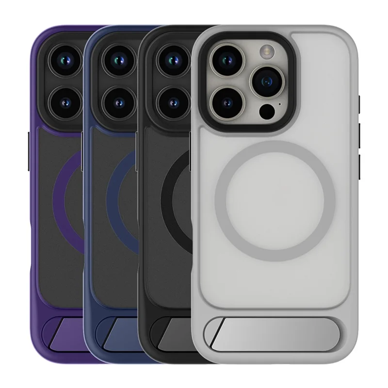 For iPhone 16 Pro Magnetic Case with Kickstand Drop Proof PC + TPU Phone Back Cover - Purple
