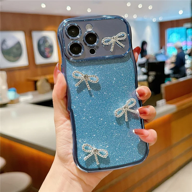 For iPhone 16 Pro Max Case Electroplated Wavy Frame Glitter TPU Phone Cover with Rhinestone Bow Decor - Blue