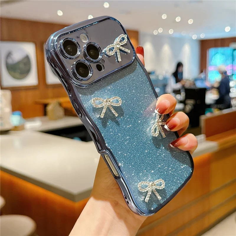 For iPhone 16 Pro Max Case Electroplated Wavy Frame Glitter TPU Phone Cover with Rhinestone Bow Decor - Blue