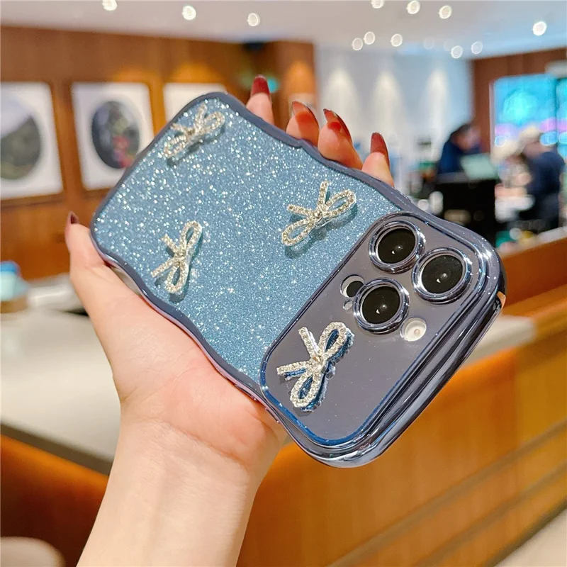 For iPhone 16 Pro Max Case Electroplated Wavy Frame Glitter TPU Phone Cover with Rhinestone Bow Decor - Blue