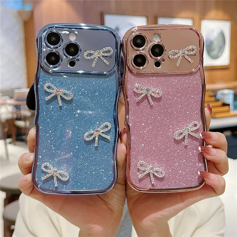 For iPhone 16 Pro Max Case Electroplated Wavy Frame Glitter TPU Phone Cover with Rhinestone Bow Decor - Blue
