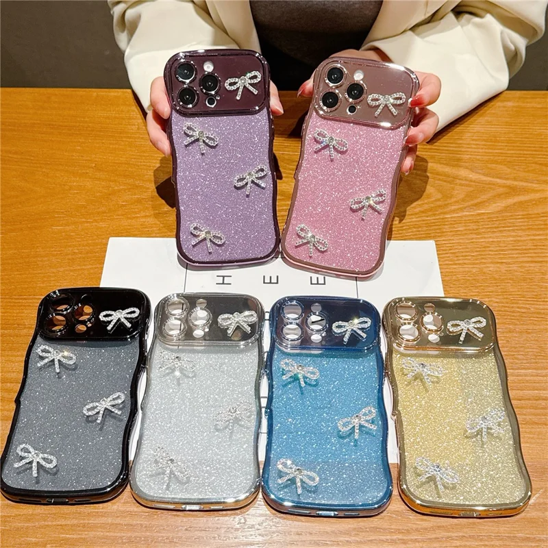 For iPhone 16 Pro Max Case Electroplated Wavy Frame Glitter TPU Phone Cover with Rhinestone Bow Decor - Blue