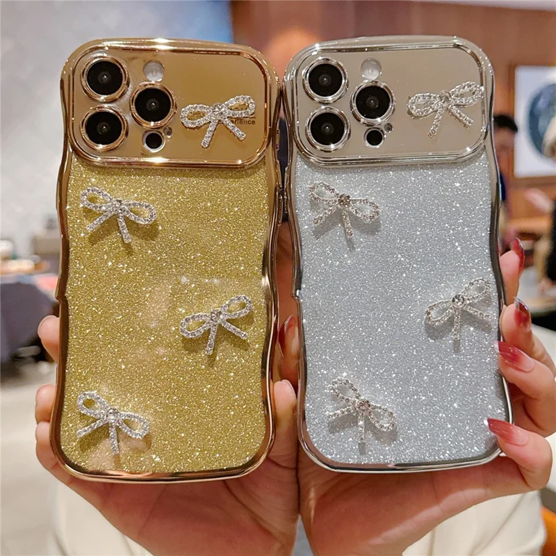 For iPhone 16 Pro Max Case Electroplated Wavy Frame Glitter TPU Phone Cover with Rhinestone Bow Decor - Silver