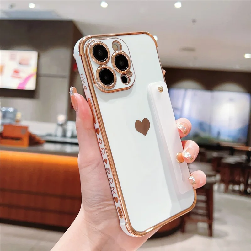 For iPhone 15 Pro Case with Strip Kickstand Electroplating Edge Love Heart Soft TPU Phone Cover - Ivory White