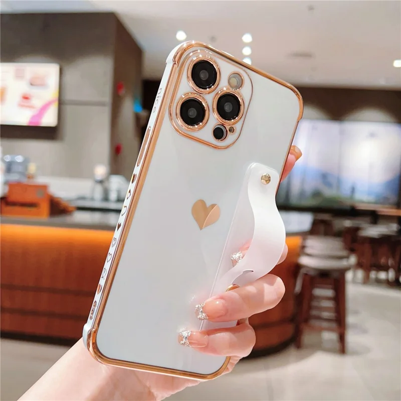 For iPhone 15 Pro Case with Strip Kickstand Electroplating Edge Love Heart Soft TPU Phone Cover - Ivory White
