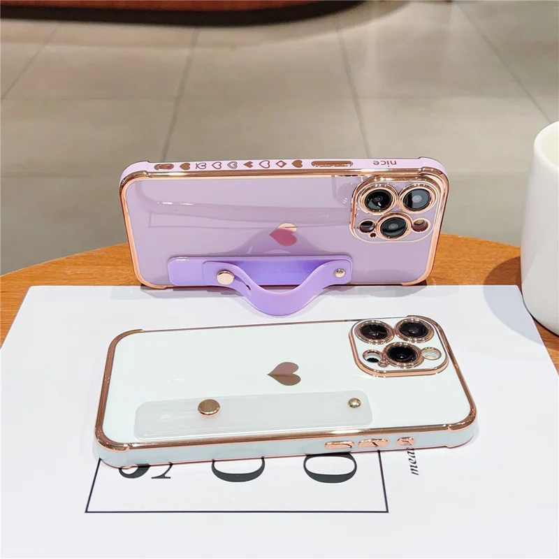 For iPhone 15 Pro Case with Strip Kickstand Electroplating Edge Love Heart Soft TPU Phone Cover - Ivory White