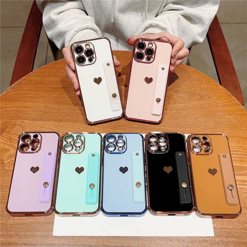 For iPhone 15 Pro Case with Strip Kickstand Electroplating Edge Love Heart Soft TPU Phone Cover - Ivory White