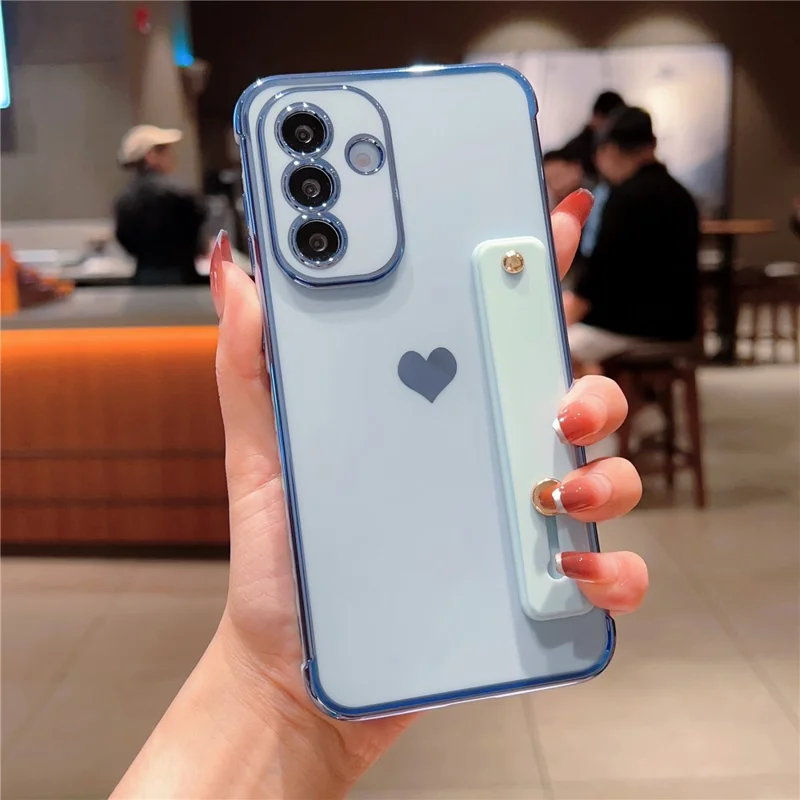 For Samsung Galaxy A36 5G Case with Strip Kickstand Electroplating Edge Love Heart Soft TPU Phone Cover - Blue