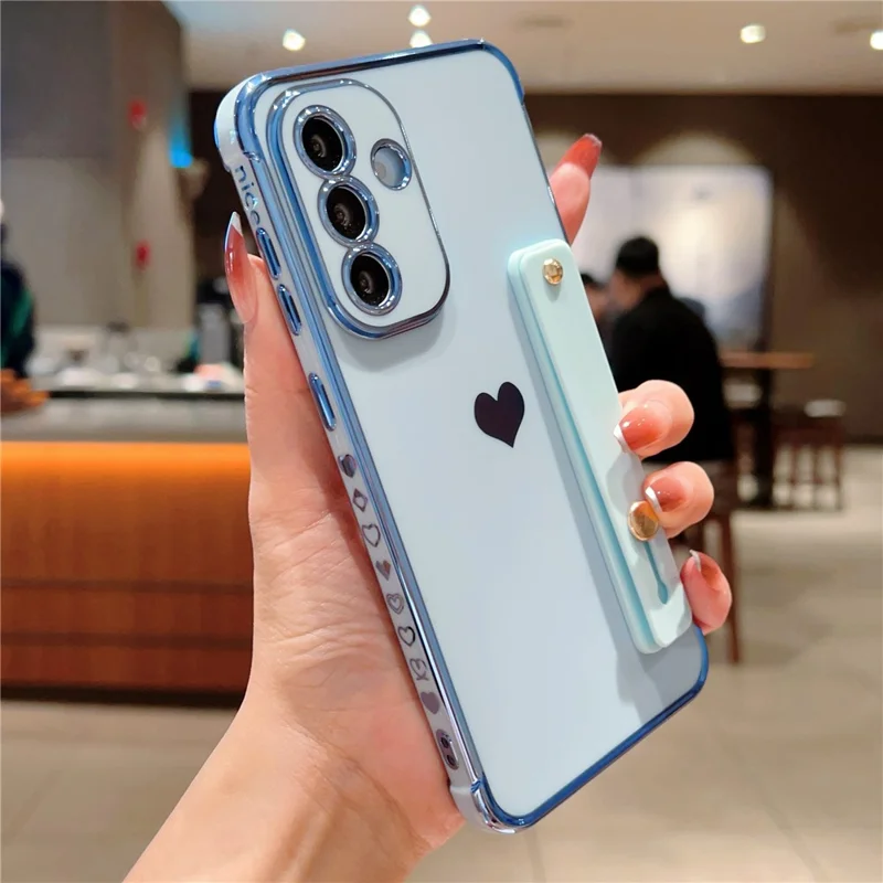 For Samsung Galaxy A36 5G Case with Strip Kickstand Electroplating Edge Love Heart Soft TPU Phone Cover - Blue