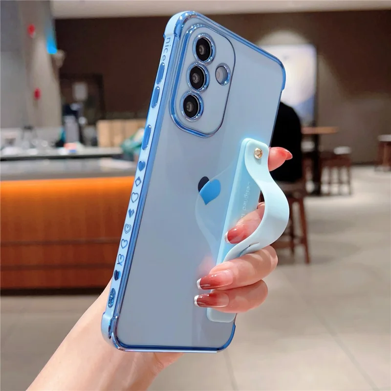 For Samsung Galaxy A36 5G Case with Strip Kickstand Electroplating Edge Love Heart Soft TPU Phone Cover - Blue