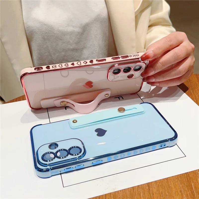 For Samsung Galaxy A36 5G Case with Strip Kickstand Electroplating Edge Love Heart Soft TPU Phone Cover - Blue