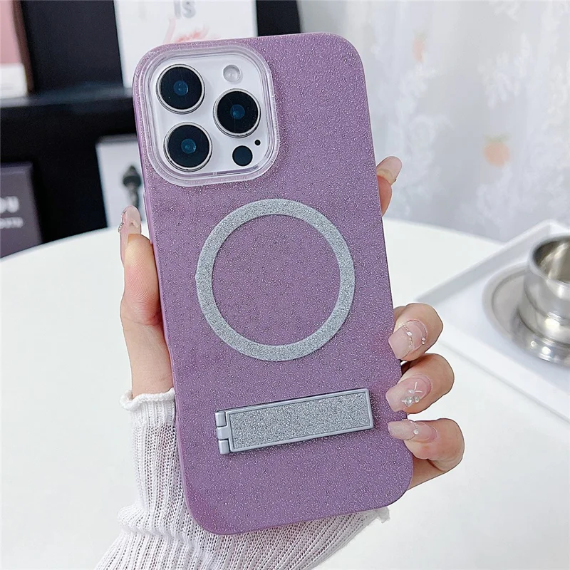 For iPhone 16 Pro Max Magnetic Case with Kickstand Glitter TPU + Acrylic Phone Back Cover - Purple