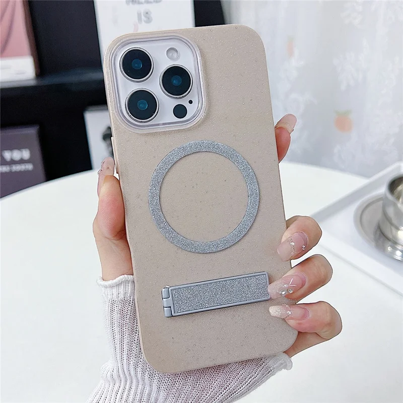For iPhone 16 Pro Magnetic Case with Kickstand Glitter TPU + Acrylic Phone Back Cover - Beige
