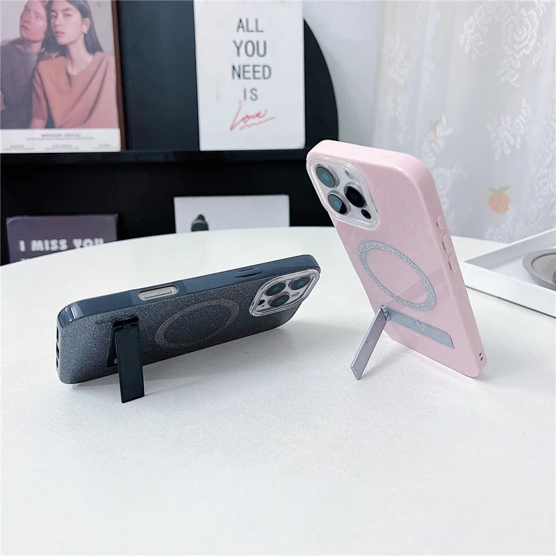 For iPhone 16 Pro Magnetic Case with Kickstand Glitter TPU + Acrylic Phone Back Cover - Beige