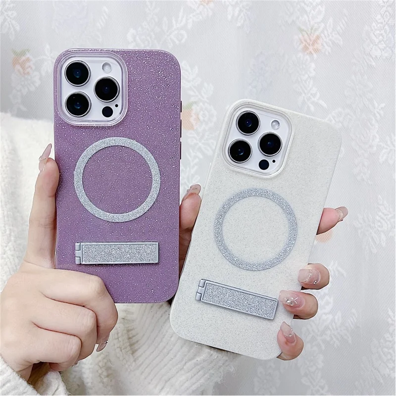 For iPhone 16 Pro Magnetic Case with Kickstand Glitter TPU + Acrylic Phone Back Cover - Beige