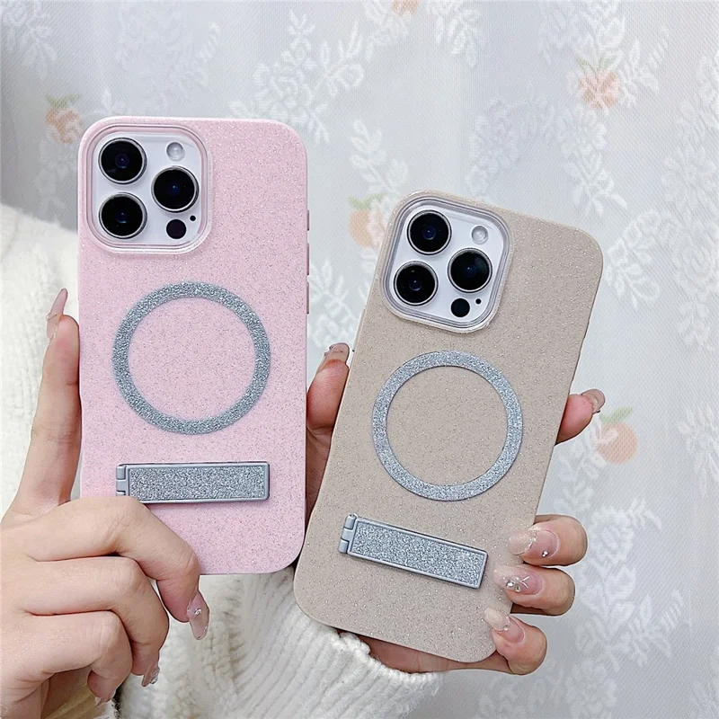 For iPhone 16 Pro Magnetic Case with Kickstand Glitter TPU + Acrylic Phone Back Cover - Beige