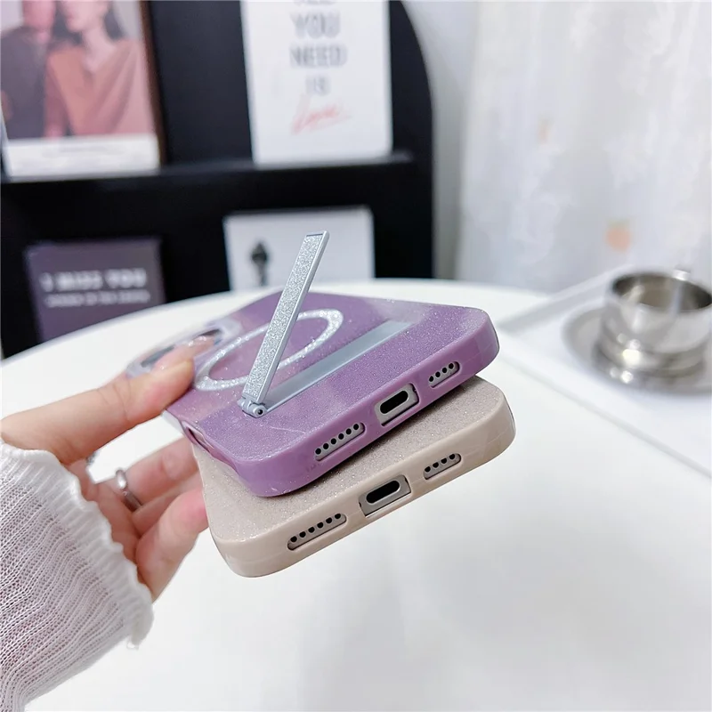 For iPhone 16 Pro Magnetic Case with Kickstand Glitter TPU + Acrylic Phone Back Cover - Beige