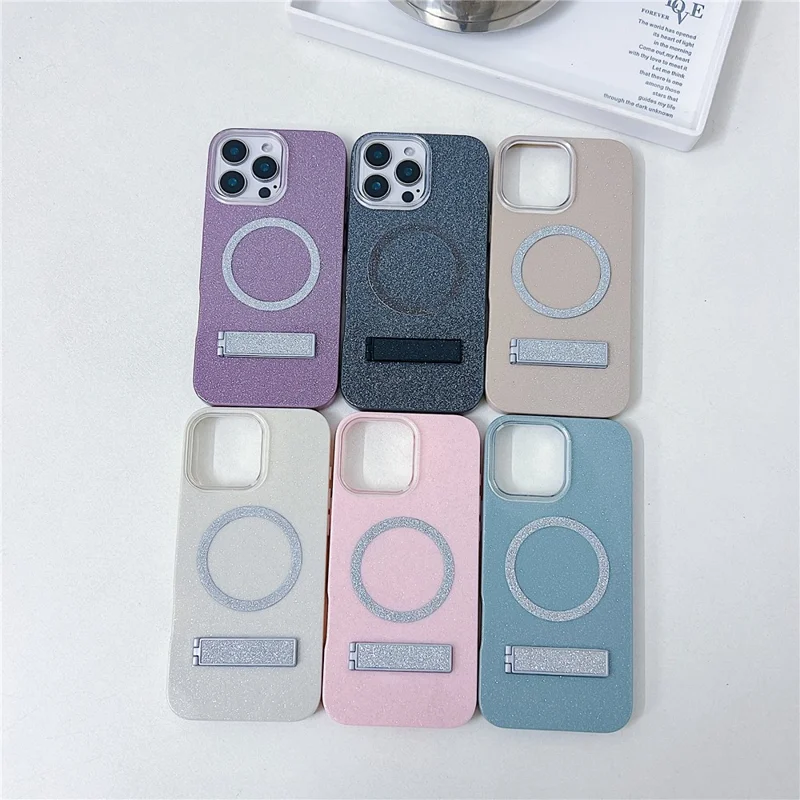 For iPhone 16 Pro Magnetic Case with Kickstand Glitter TPU + Acrylic Phone Back Cover - Beige