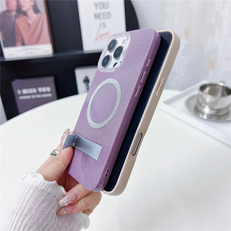 For iPhone 16 Pro Magnetic Case with Kickstand Glitter TPU + Acrylic Phone Back Cover - Purple